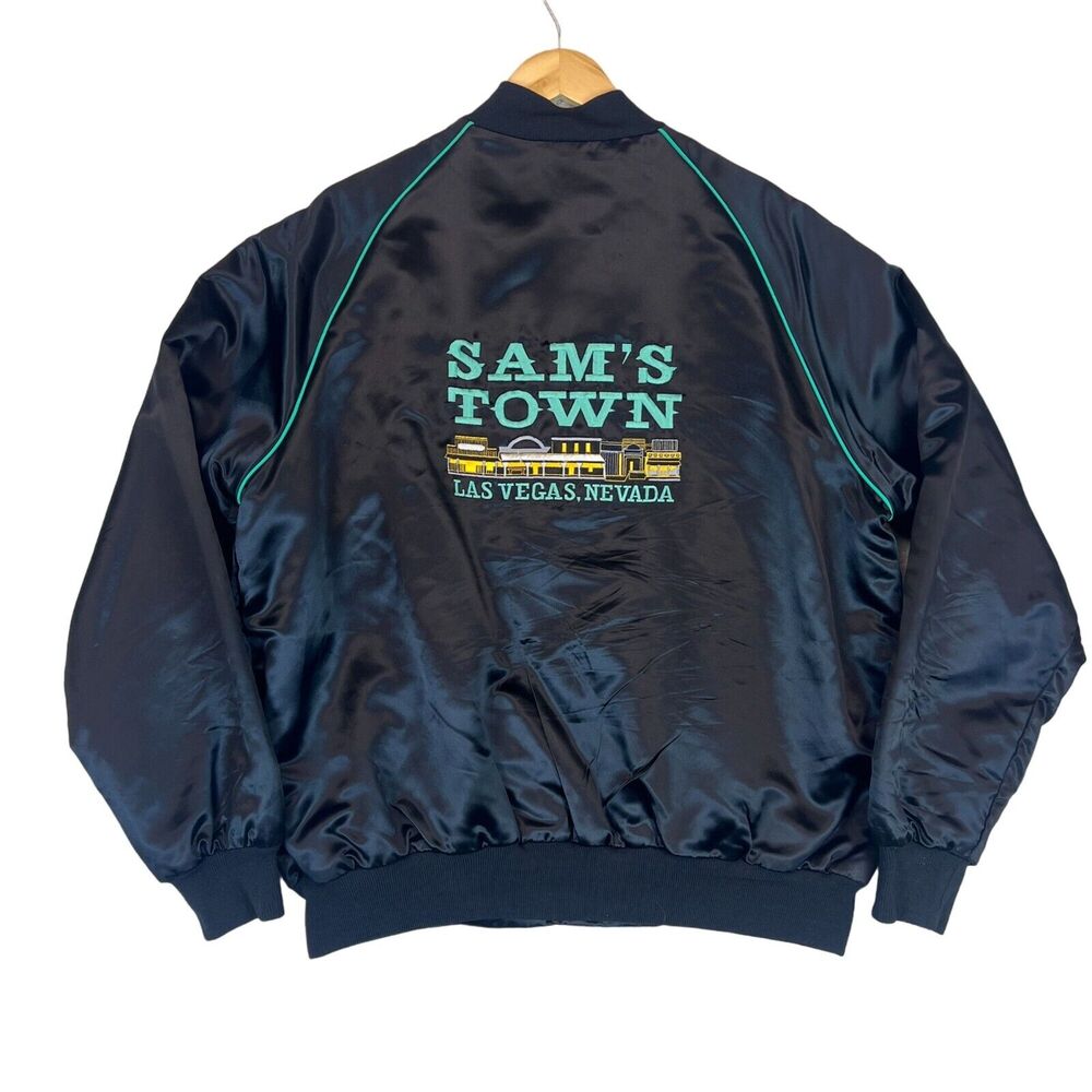 Vintage 80’s SAM’S TOWN Las Vegas ROYAL FLUSH CLUB Satin Bomber Jacket Sz XL USA
